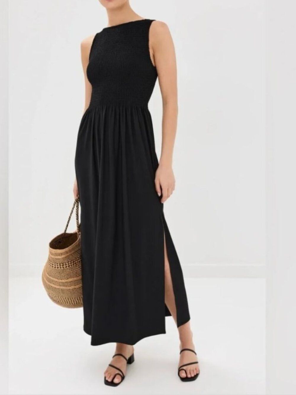 Hill House Home The Nap Dress Black Sleeveless Maxi Smocked Black Sz L